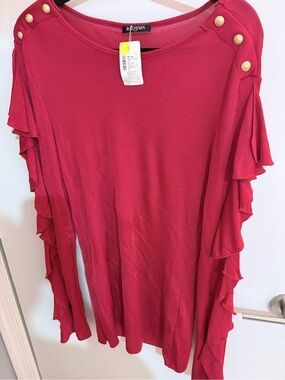 NWT Balmain Fuchsia Ruffle-Sleeve Knit Top with Gold Buttons
